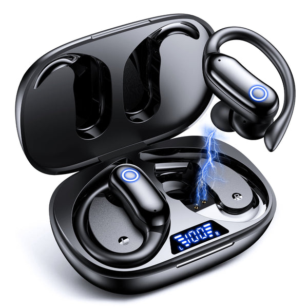 Sport wireless headphones with earhooks and LED display case