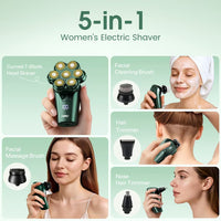 5-in-1 Women's Electric Razor, 7D Floating Head IPX7 Waterproof Wet Dry Body Shaver, Rechargeable Lady Hair Remover with LED Display for Face Legs Bikini, Retro Green
