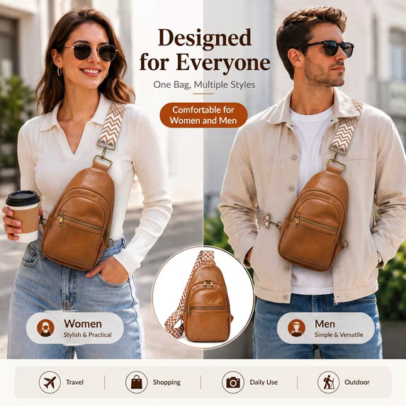 Crossbody Bag, Water Resistant PU Leather Sling Bag Fanny Pack Bum Bag, Small Travel Bag with Adjustable Strap, Brown