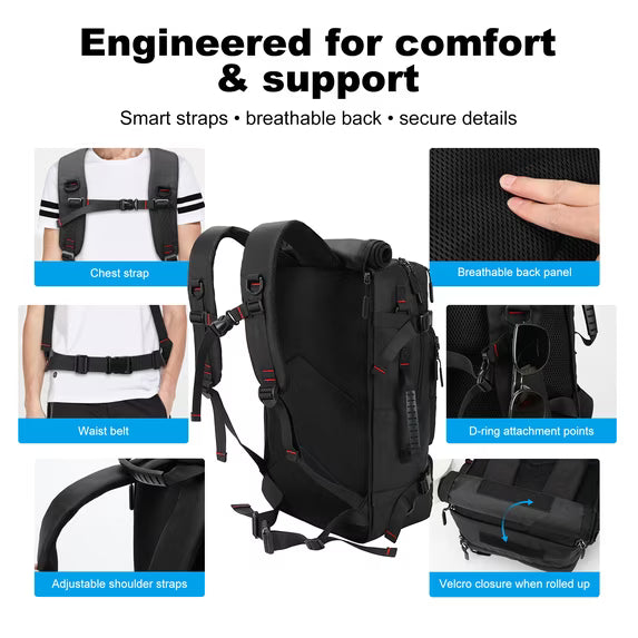 Convertible Travel Backpack & Duffel Bag - Airline-Approved Carry-On w/ Laptop Sleeve & USB Port, Black