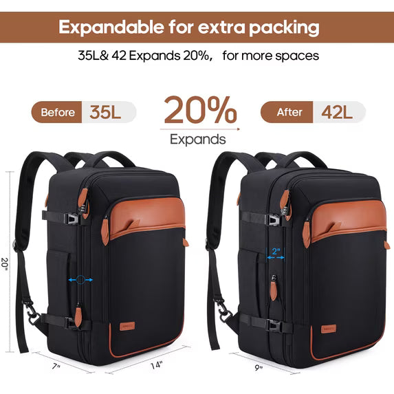 Travel Backpack for Men & Women Carry On Backpack Flight Approved Expandable 42L Waterproof Anti-Theft Personal Item Backpack with Packing Cubes and Shoe Pocket