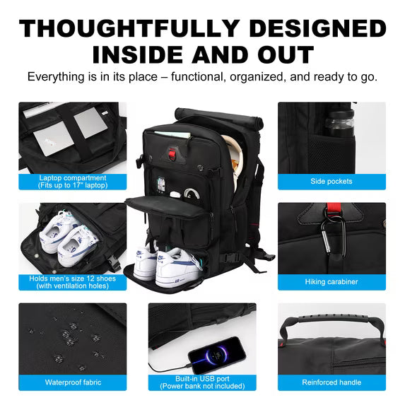 Convertible Travel Backpack & Duffel Bag - Airline-Approved Carry-On w/ Laptop Sleeve & USB Port, Black