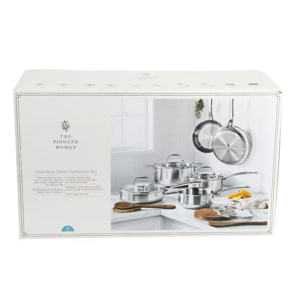 The Pioneer Woman 14-Piece Stainless Steel Cookware Set, Cooking Pots and Pans Set with Kitchen Utensils