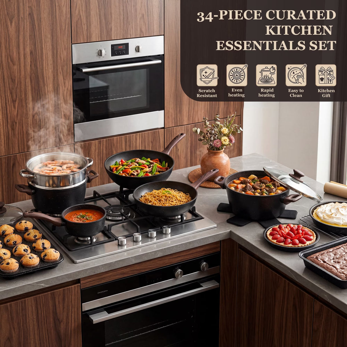 Kikcoin 34-Piece Pots and Pans Set, Dishwasher-Safe Non Stick Pots and Pans with Utensils, Premium Bakeware and Cookware Set for Kitchen, Black