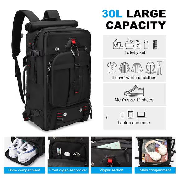 Convertible Travel Backpack & Duffel Bag - Airline-Approved Carry-On w/ Laptop Sleeve & USB Port, Black