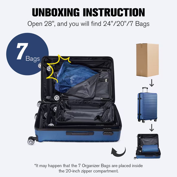 Gowill 3 Piece Luggage Sets Travel Suitcase Set with 7PCS Organizer Bags, Navy Blue