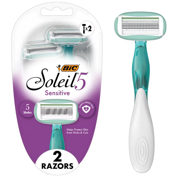 BIC Soleil 5 Sensitive 5-Blade Disposable Razors, Dorm Essentials, 2-Count