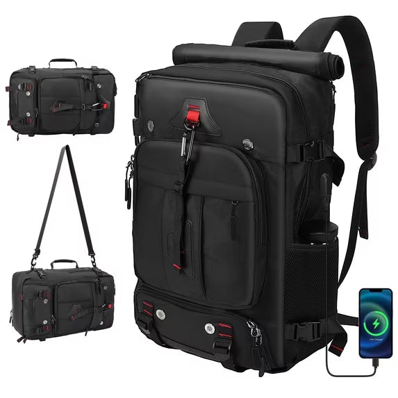 Convertible Travel Backpack & Duffel Bag - Airline-Approved Carry-On w/ Laptop Sleeve & USB Port, Black