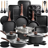Kikcoin 34-Piece Pots and Pans Set, Dishwasher-Safe Non Stick Pots and Pans with Utensils, Premium Bakeware and Cookware Set for Kitchen, Black