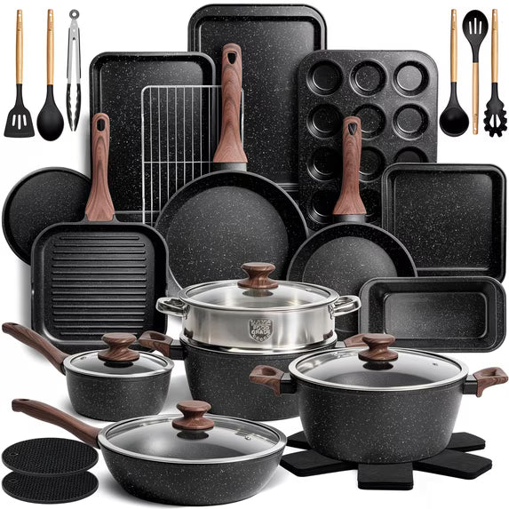 Kikcoin 34-Piece Pots and Pans Set, Dishwasher-Safe Non Stick Pots and Pans with Utensils, Premium Bakeware and Cookware Set for Kitchen, Black