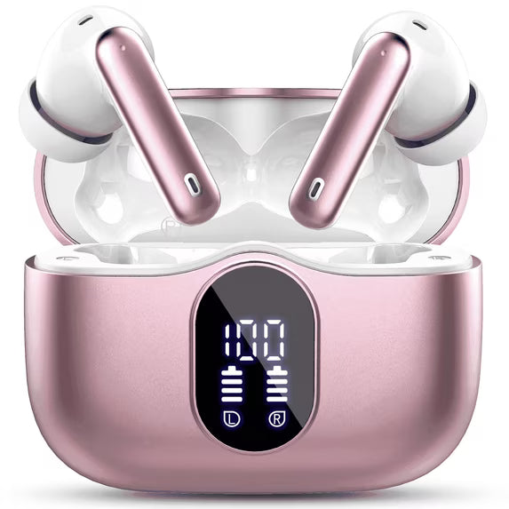 Wireless Earbuds, Bluetooth 5.4 Headphones Bass Stereo, Ear Buds with Noise Cancelling Mic, LED Display in Ear Earphones Clear Calls, IP7 Waterproof Bluetooth Earbuds for Laptop/Phones, Rose Gold