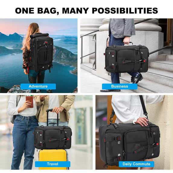 Convertible Travel Backpack & Duffel Bag - Airline-Approved Carry-On w/ Laptop Sleeve & USB Port, Black