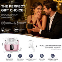 Wireless Earbuds, Bluetooth 5.4 Headphones Bass Stereo, Ear Buds with Noise Cancelling Mic, LED Display in Ear Earphones Clear Calls, IP7 Waterproof Bluetooth Earbuds for Laptop/Phones, Rose Gold