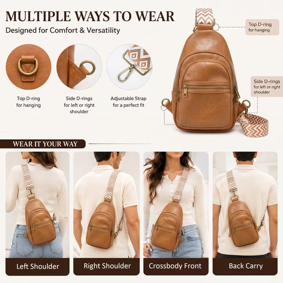 Crossbody Bag, Water Resistant PU Leather Sling Bag Fanny Pack Bum Bag, Small Travel Bag with Adjustable Strap, Brown