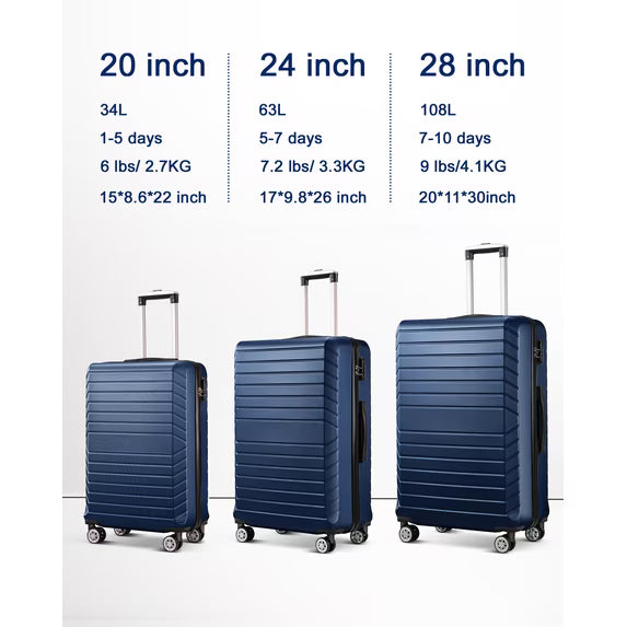 Gowill 3 Piece Luggage Sets Travel Suitcase Set with 7PCS Organizer Bags, Navy Blue