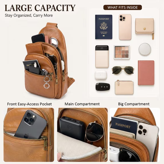Crossbody Bag, Water Resistant PU Leather Sling Bag Fanny Pack Bum Bag, Small Travel Bag with Adjustable Strap, Brown