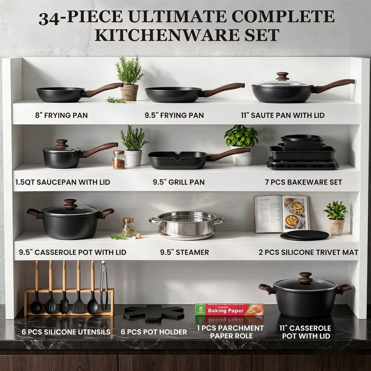 Kikcoin 34-Piece Pots and Pans Set, Dishwasher-Safe Non Stick Pots and Pans with Utensils, Premium Bakeware and Cookware Set for Kitchen, Black