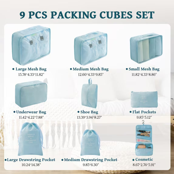 Ababeny 9 Set Compression Packing Cubes for Travel, Compression Packing Organizer Packing Bags for Traveling, Travel Pouch Set for Packing. Blue