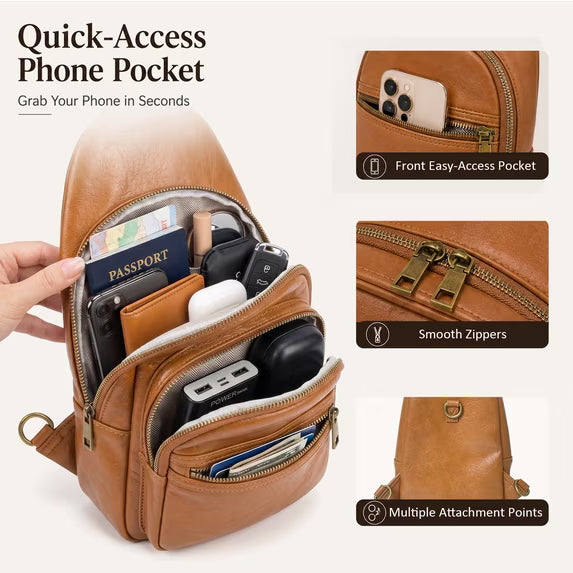 Crossbody Bag, Water Resistant PU Leather Sling Bag Fanny Pack Bum Bag, Small Travel Bag with Adjustable Strap, Brown